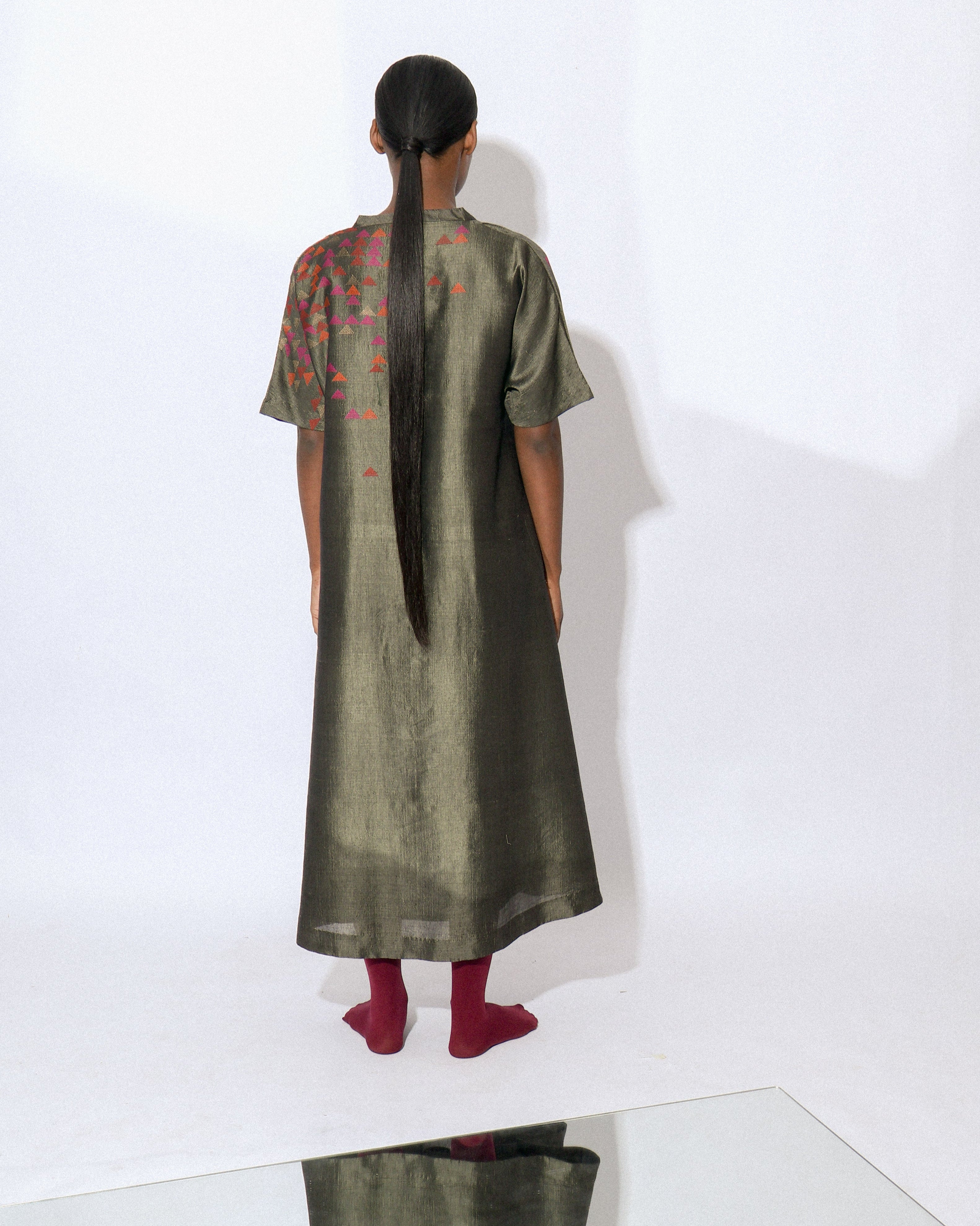 Stardust Greige Drop Shoulder Mandarin Dress