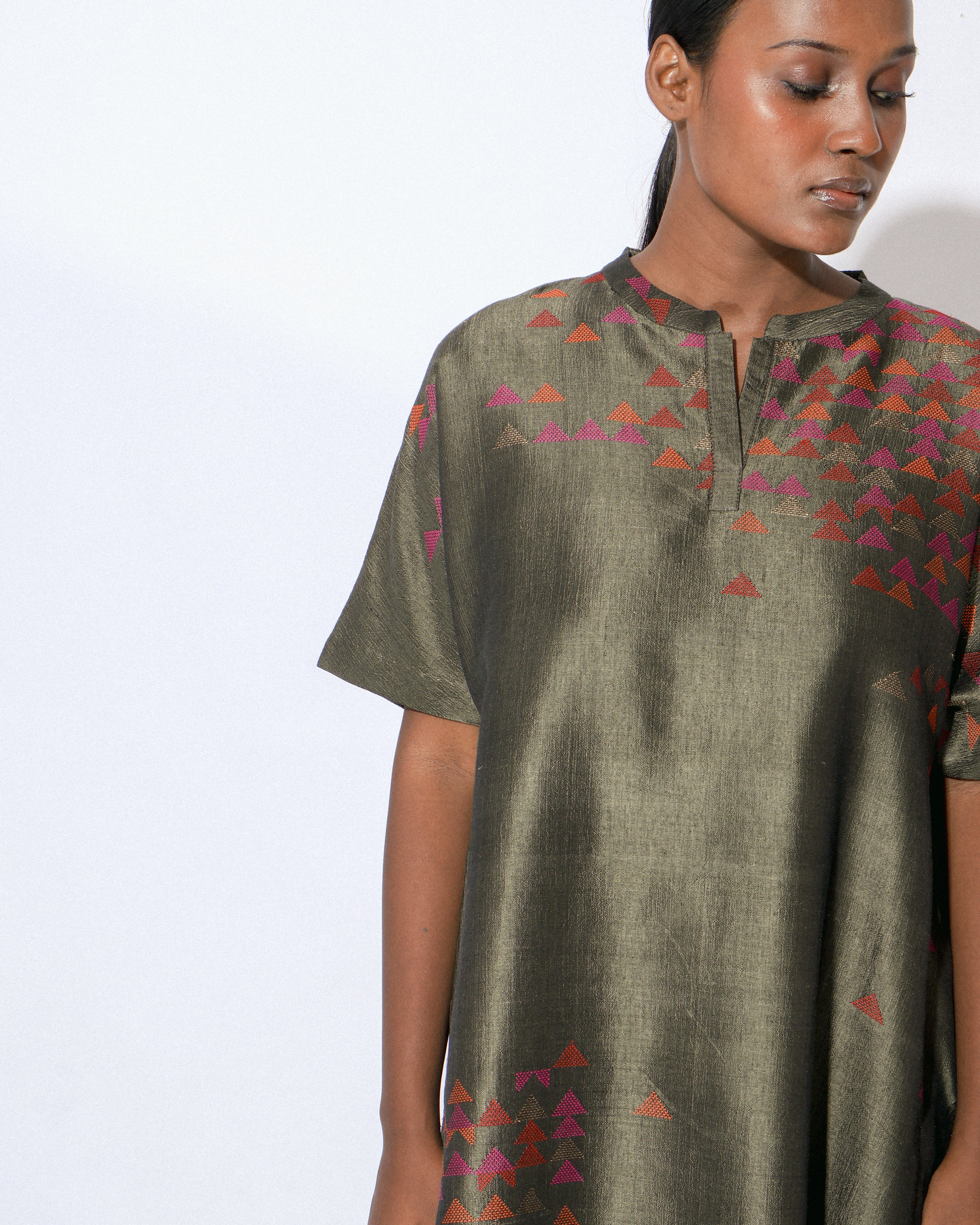 Stardust Greige Drop Shoulder Mandarin Dress